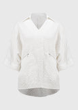 front view of plus size Joseph Ribkoff Seersucker Boxy Hi-Lo top in White