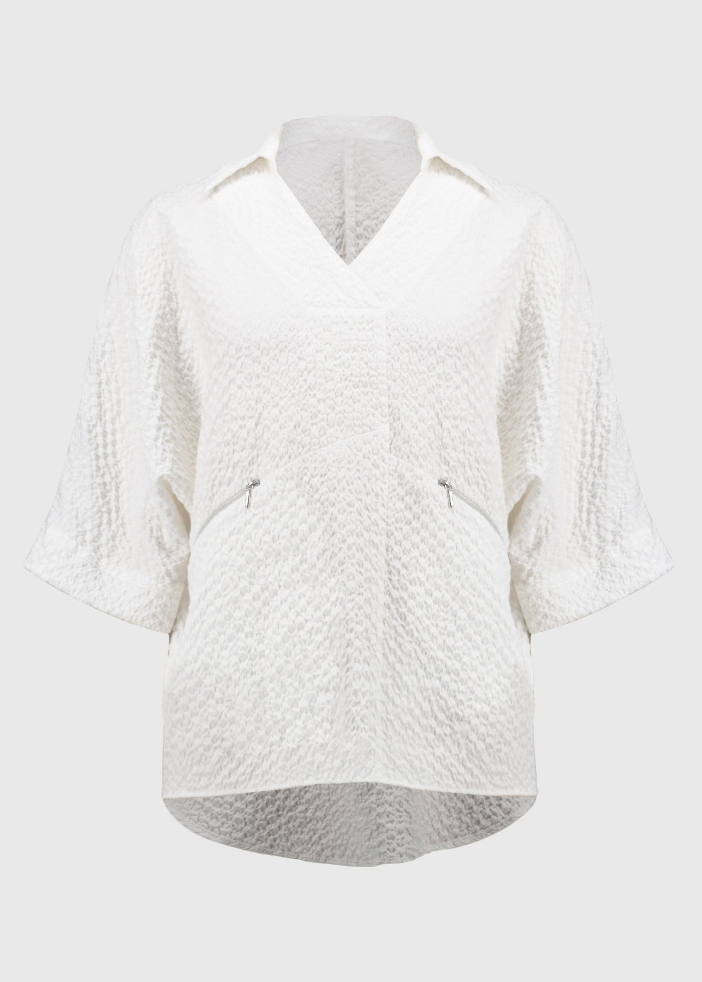 front view of plus size Joseph Ribkoff Seersucker Boxy Hi-Lo top in White