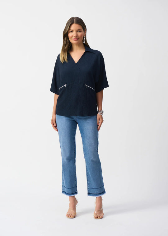 front view of plus size Joseph Ribkoff Seersucker Boxy Hi-Lo top in Midnight