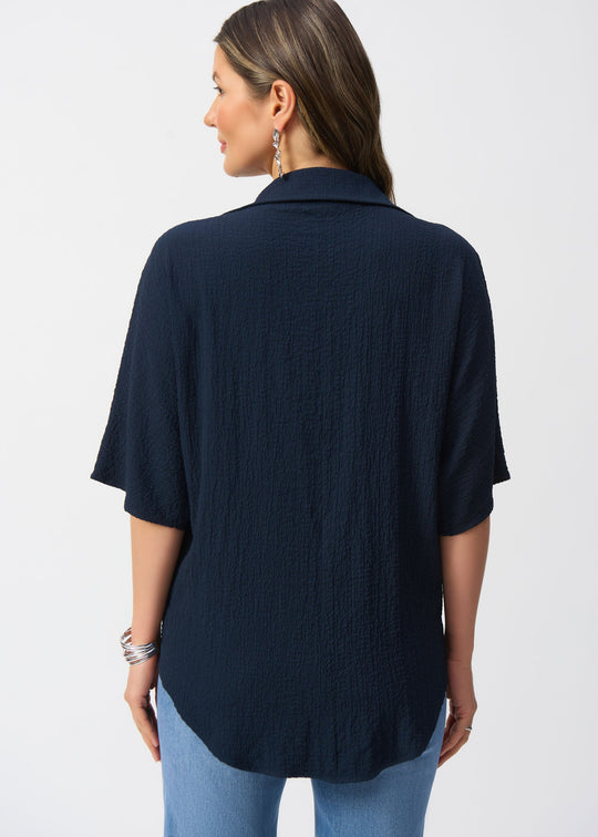back view of plus size Joseph Ribkoff Seersucker Boxy Hi-Lo top in Midnight