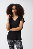 Joseph Ribkoff Jersey Split Slv.Boxy V-Neck Top in Black