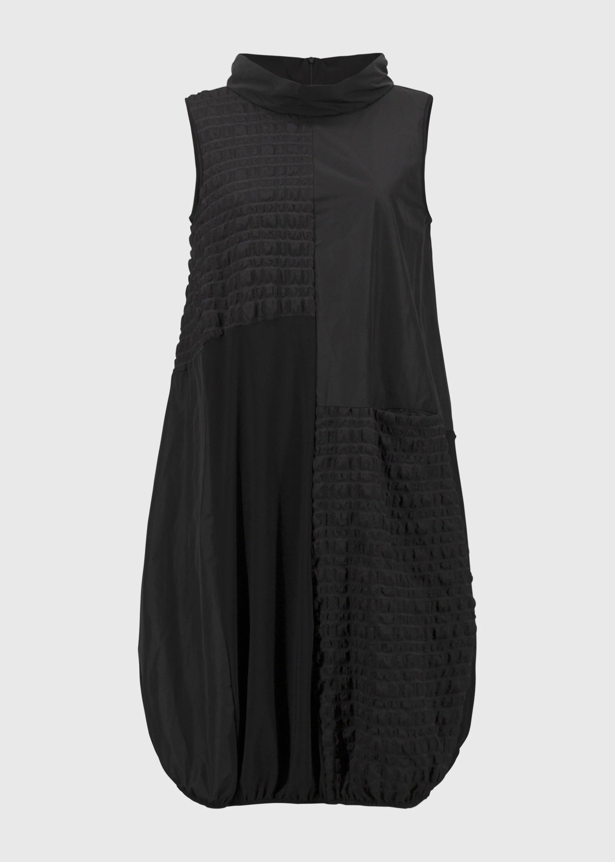front view of plus size Joseph Ribkoff Bubble Jacquard Sleeveless Mixed Media Cocoon Dress in Black