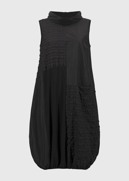 front view of plus size Joseph Ribkoff Bubble Jacquard Sleeveless Mixed Media Cocoon Dress in Black