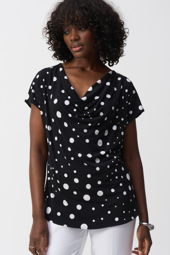 Joseph Ribkoff Silky Knit Dot Print Short Sleeve Top in Black/Vanilla