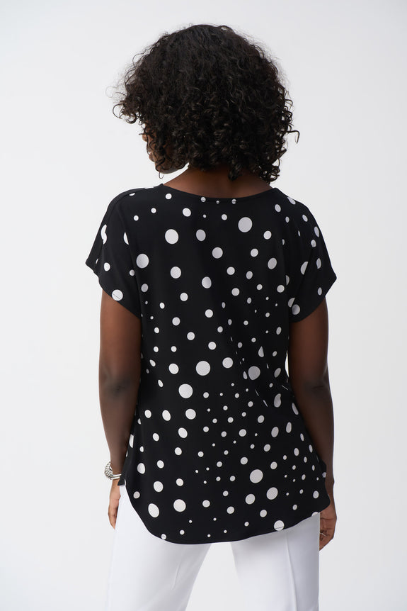 Joseph Ribkoff Silky Knit Dot Print Short Sleeve Top in Black/Vanilla