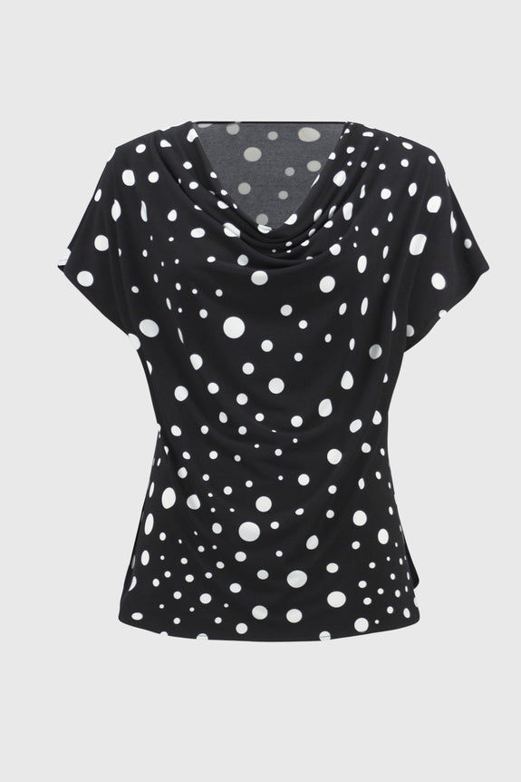 Joseph Ribkoff Silky Knit Dot Print Short Sleeve Top in Black/Vanilla