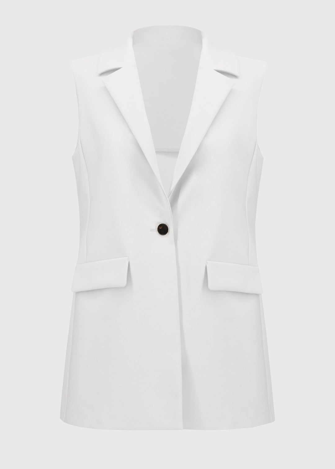 front view of plus size Joseph Ribkoff Lux Twill Sleeveless Fitted Vest in Off-white