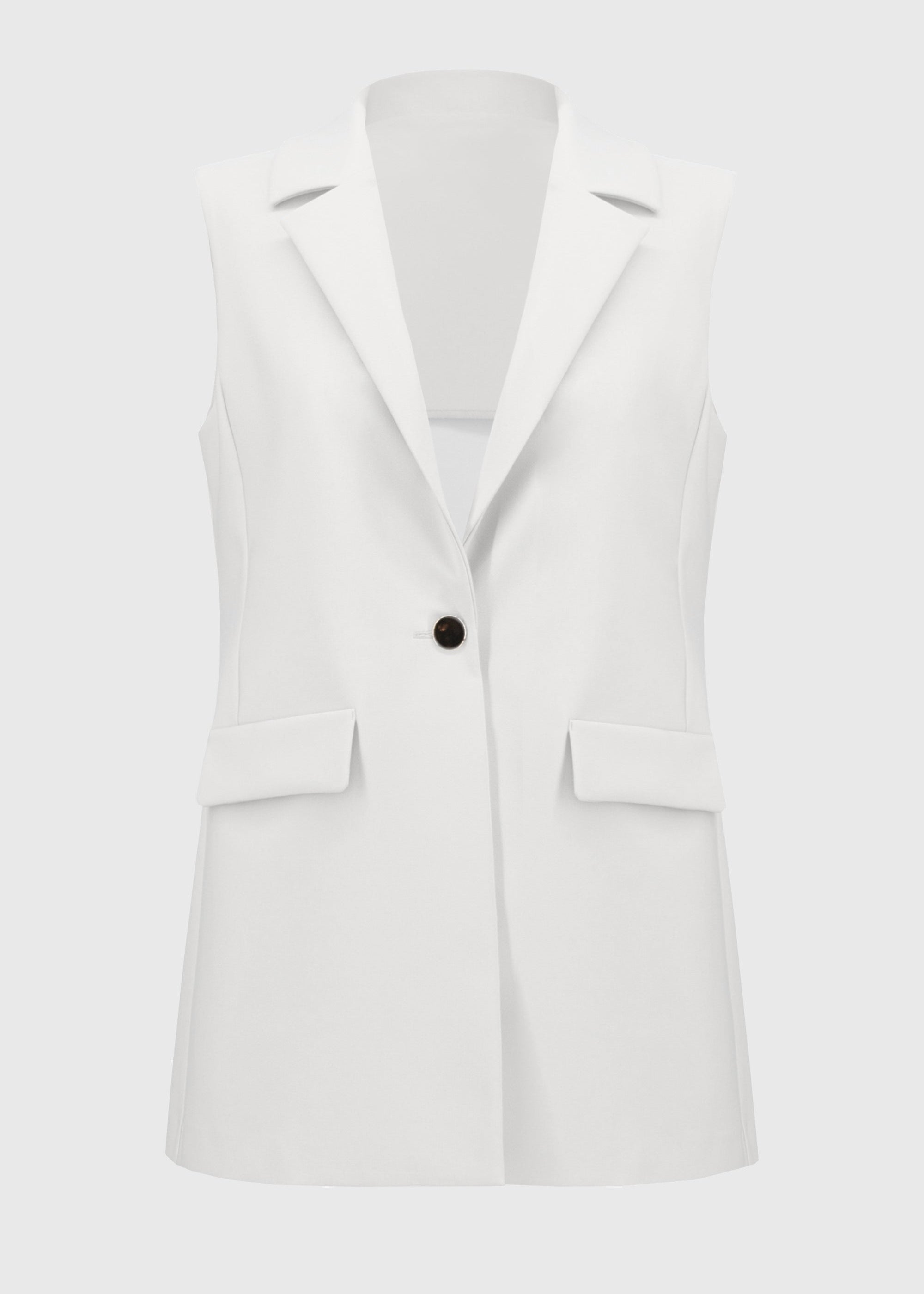 front view of plus size Joseph Ribkoff Lux Twill Sleeveless Fitted Vest in Off-white