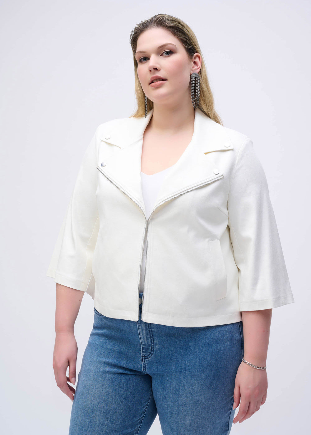 front view of plus size Joseph Ribkoff Foil Faux Suede Jacket in Vanilla