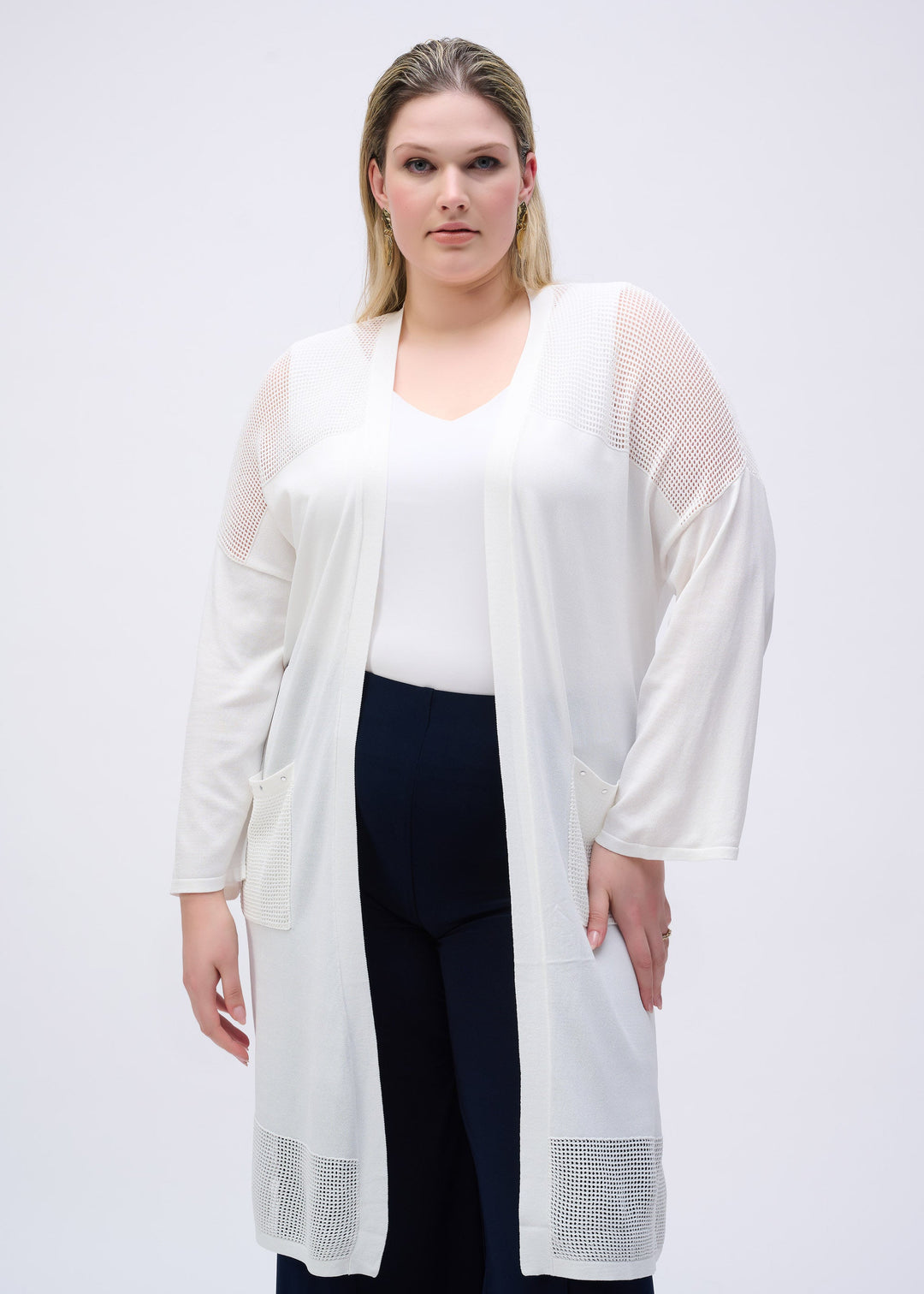 front view of plus size Joseph Ribkoff Crochet Knit Long Cardigan in White
