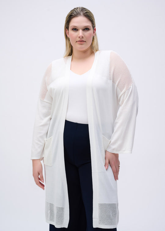 front view of plus size Joseph Ribkoff Crochet Knit Long Cardigan in White