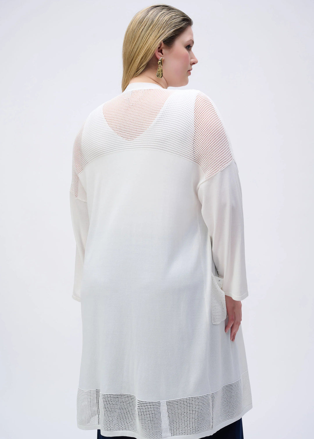 back view of plus size Joseph Ribkoff Crochet Knit Long Cardigan in White