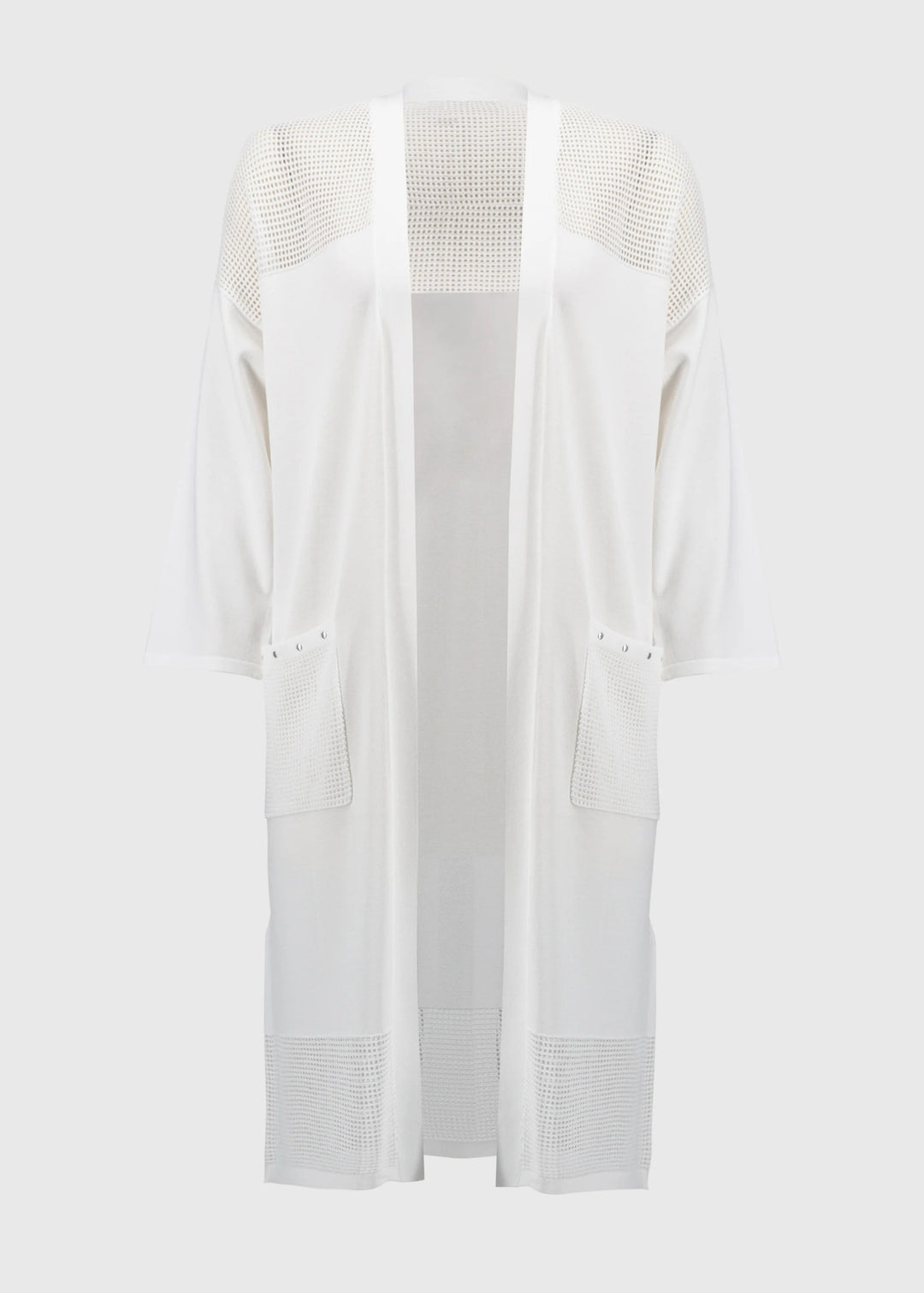 front view of plus size Joseph Ribkoff Crochet Knit Long Cardigan in White