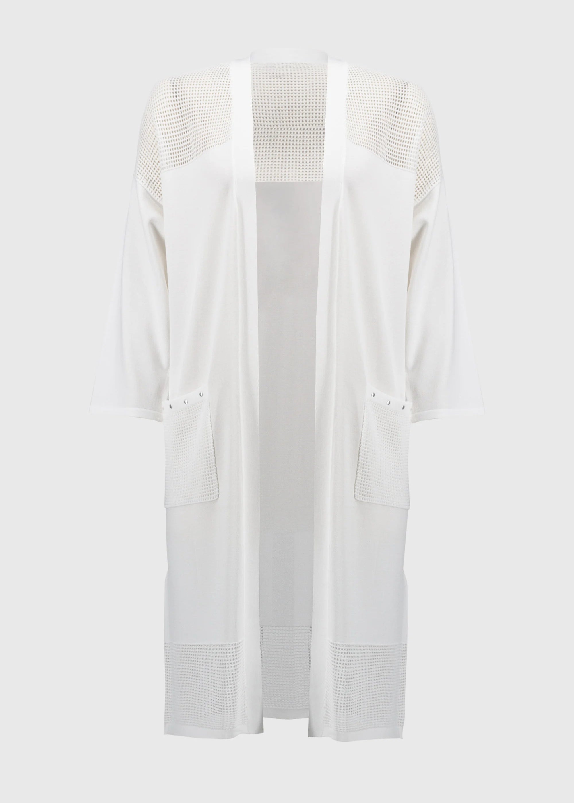 front view of plus size Joseph Ribkoff Crochet Knit Long Cardigan in White