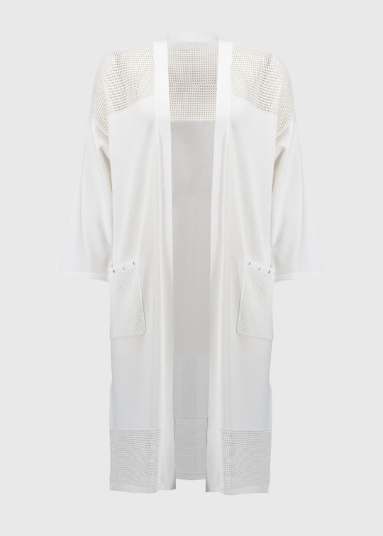 front view of plus size Joseph Ribkoff Crochet Knit Long Cardigan in White