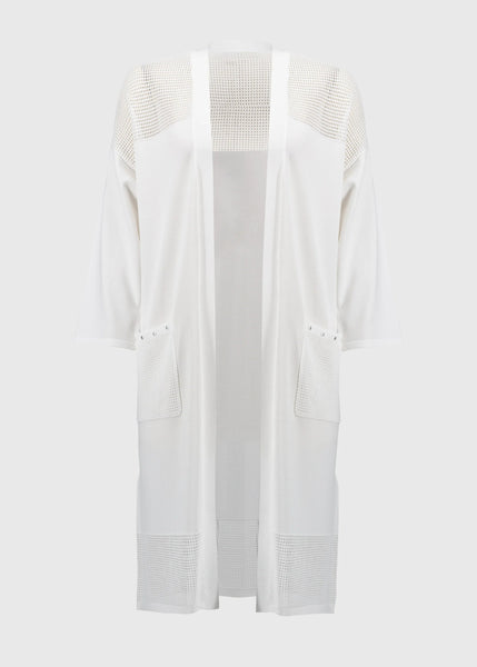 front view of plus size Joseph Ribkoff Crochet Knit Long Cardigan in White