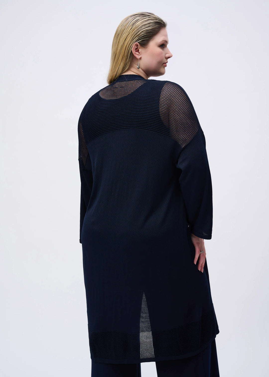 back view of plus size Joseph Ribkoff Crochet Knit Long Cardigan in Midnight