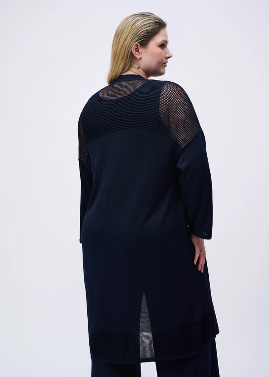 back view of plus size Joseph Ribkoff Crochet Knit Long Cardigan in Midnight