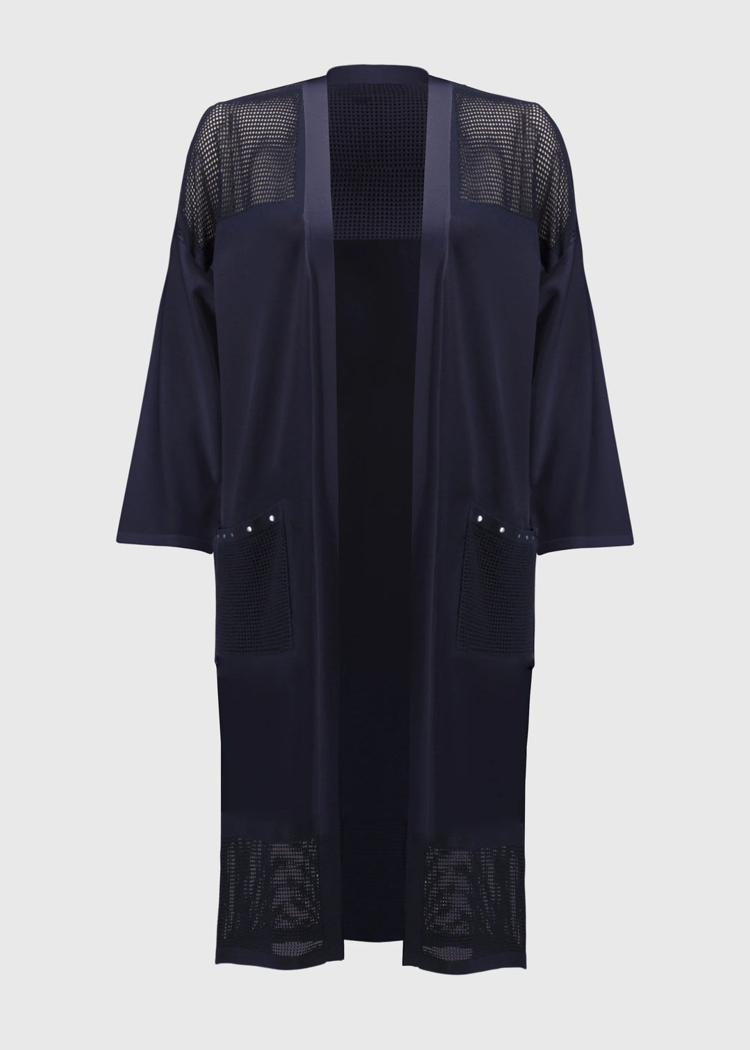 front view of plus size Joseph Ribkoff Crochet Knit Long Cardigan in Midnight