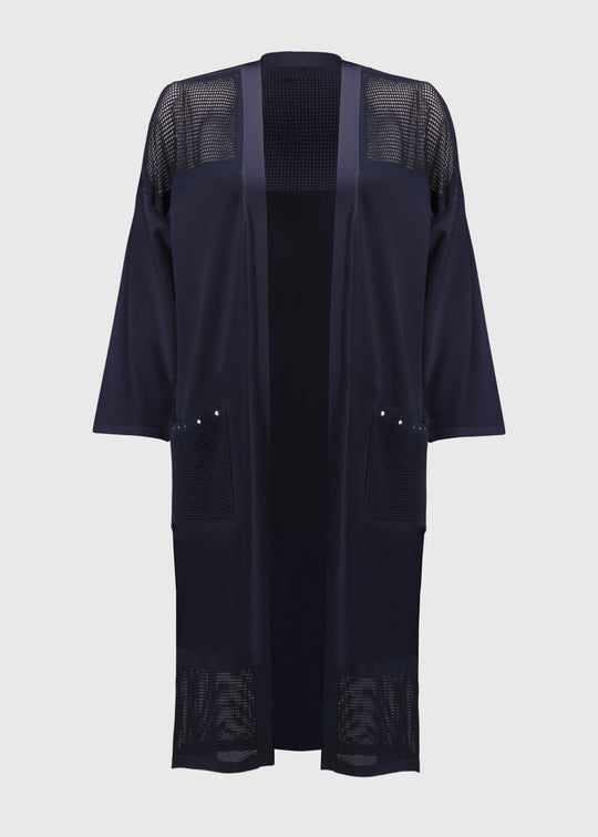 front view of plus size Joseph Ribkoff Crochet Knit Long Cardigan in Midnight