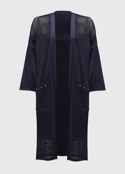 front view of plus size Joseph Ribkoff Crochet Knit Long Cardigan in Midnight