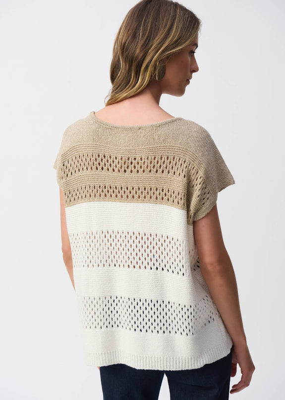 back view of plus size Joseph Ribkoff Colour Black Metallic Sweater in Vanilla/Gold