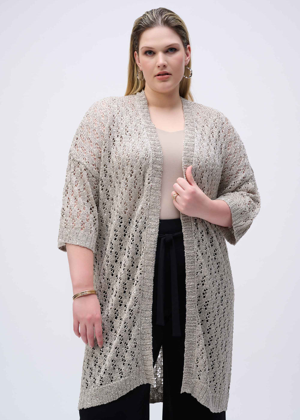 front view of plus size Joseph Ribkoff Pointelle Sequin Cardigan in Champagne