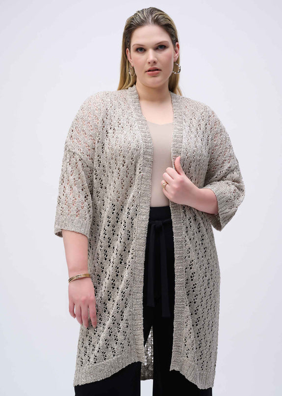 front view of plus size Joseph Ribkoff Pointelle Sequin Cardigan in Champagne