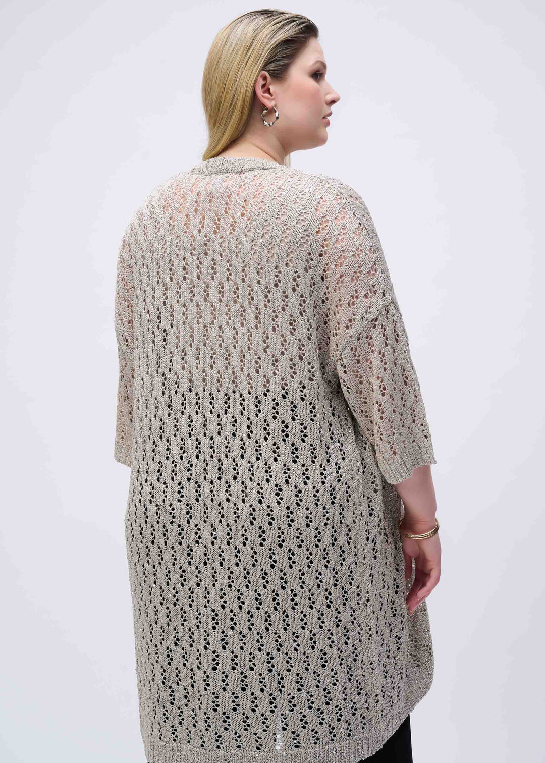 back view of plus size Joseph Ribkoff Pointelle Sequin Cardigan in Champagne
