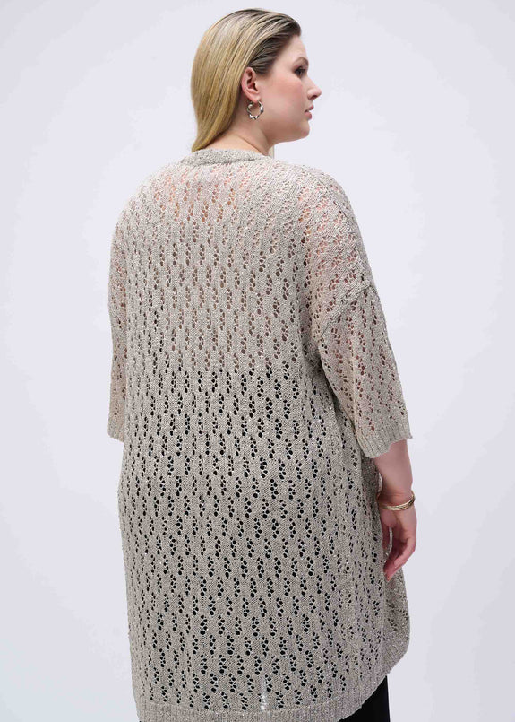 back view of plus size Joseph Ribkoff Pointelle Sequin Cardigan in Champagne