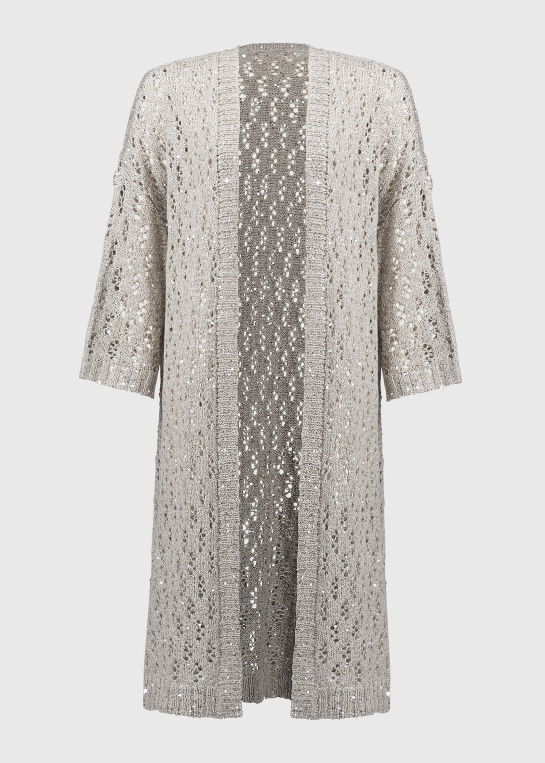 front view of plus size Joseph Ribkoff Pointelle Sequin Cardigan in Champagne