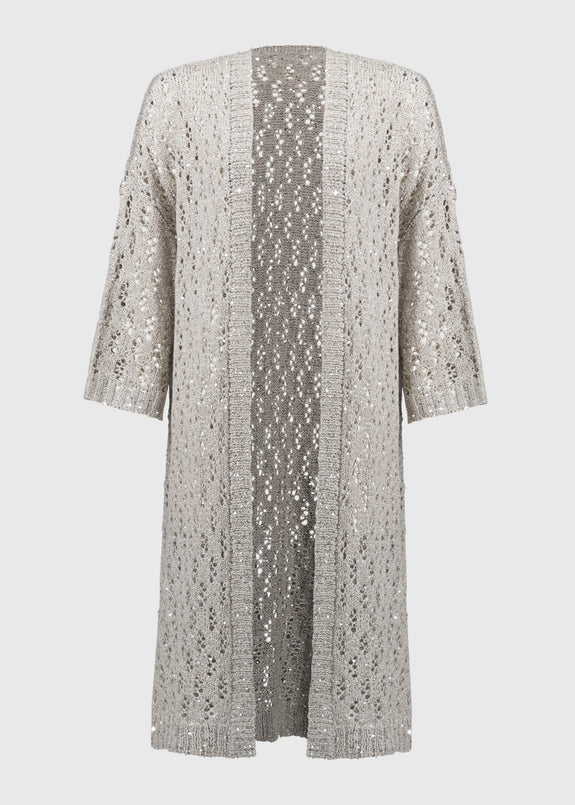 front view of plus size Joseph Ribkoff Pointelle Sequin Cardigan in Champagne
