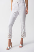 Joseph Ribkoff Straight Fitted Crop Jean with Cutwork Lace Hem in White