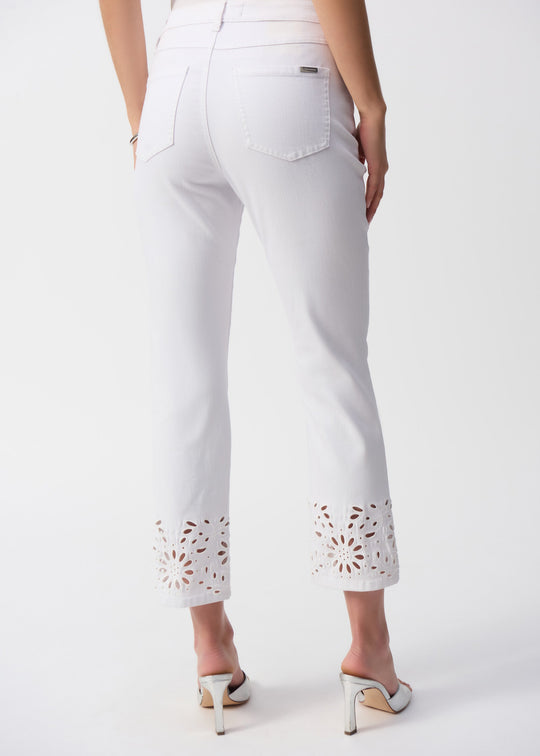back view of plus size Joseph Ribkoff Straight Fitted Crop Jean with Cutwork Lace Hem in White