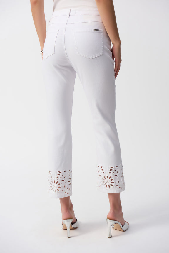 Joseph Ribkoff Straight Fitted Crop Jean with Cutwork Lace Hem in White