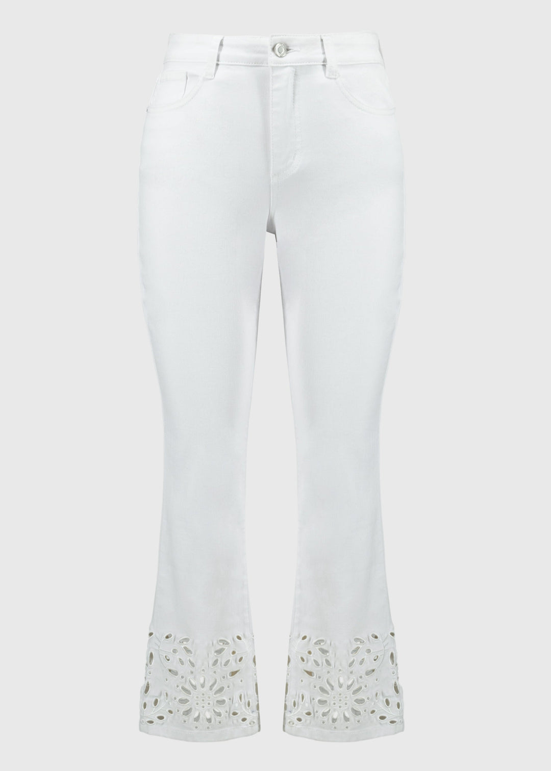 front view of plus size Joseph Ribkoff Straight Fitted Crop Jean with Cutwork Lace Hem in White