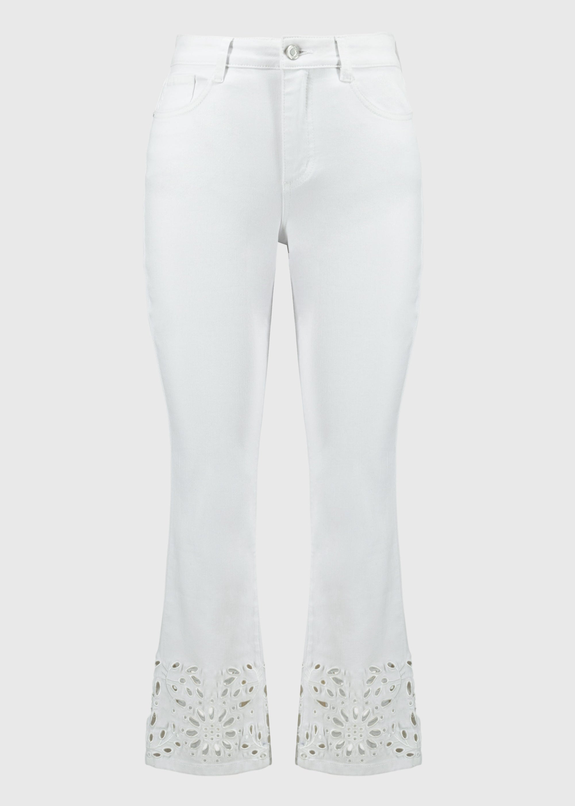 front view of plus size Joseph Ribkoff Straight Fitted Crop Jean with Cutwork Lace Hem in White