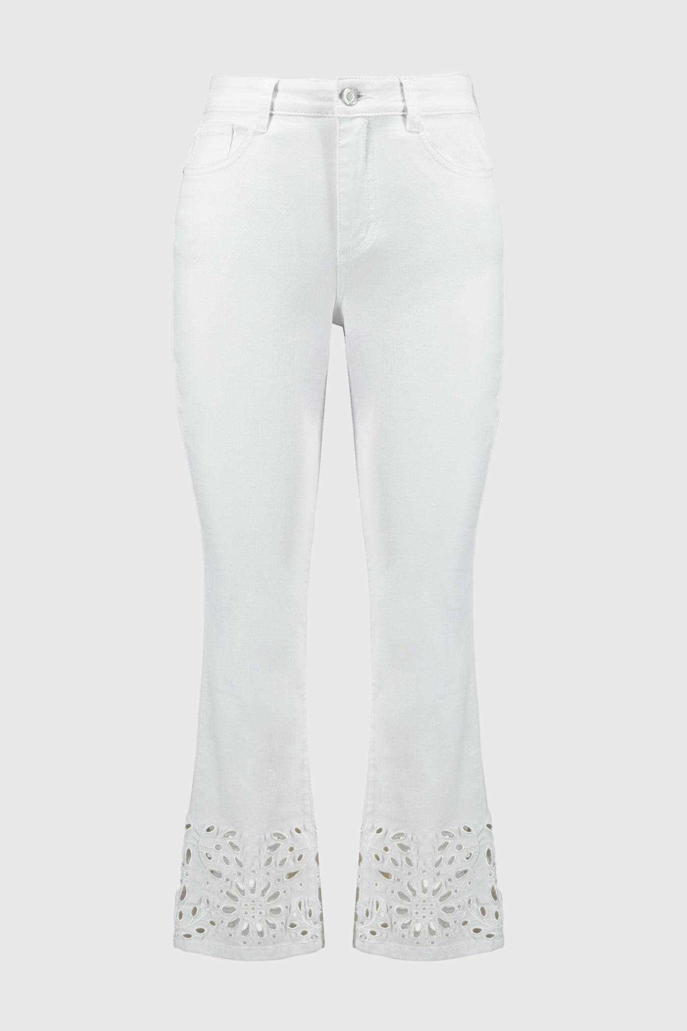 Joseph Ribkoff Straight Fitted Crop Jean with Cutwork Lace Hem in White