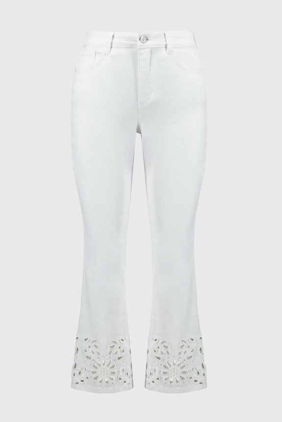 Joseph Ribkoff Straight Fitted Crop Jean with Cutwork Lace Hem in White