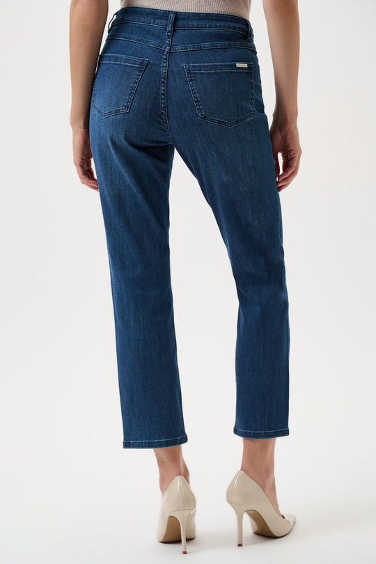 Medium blue denim jeans shown from back view with straight leg fit and ankle length