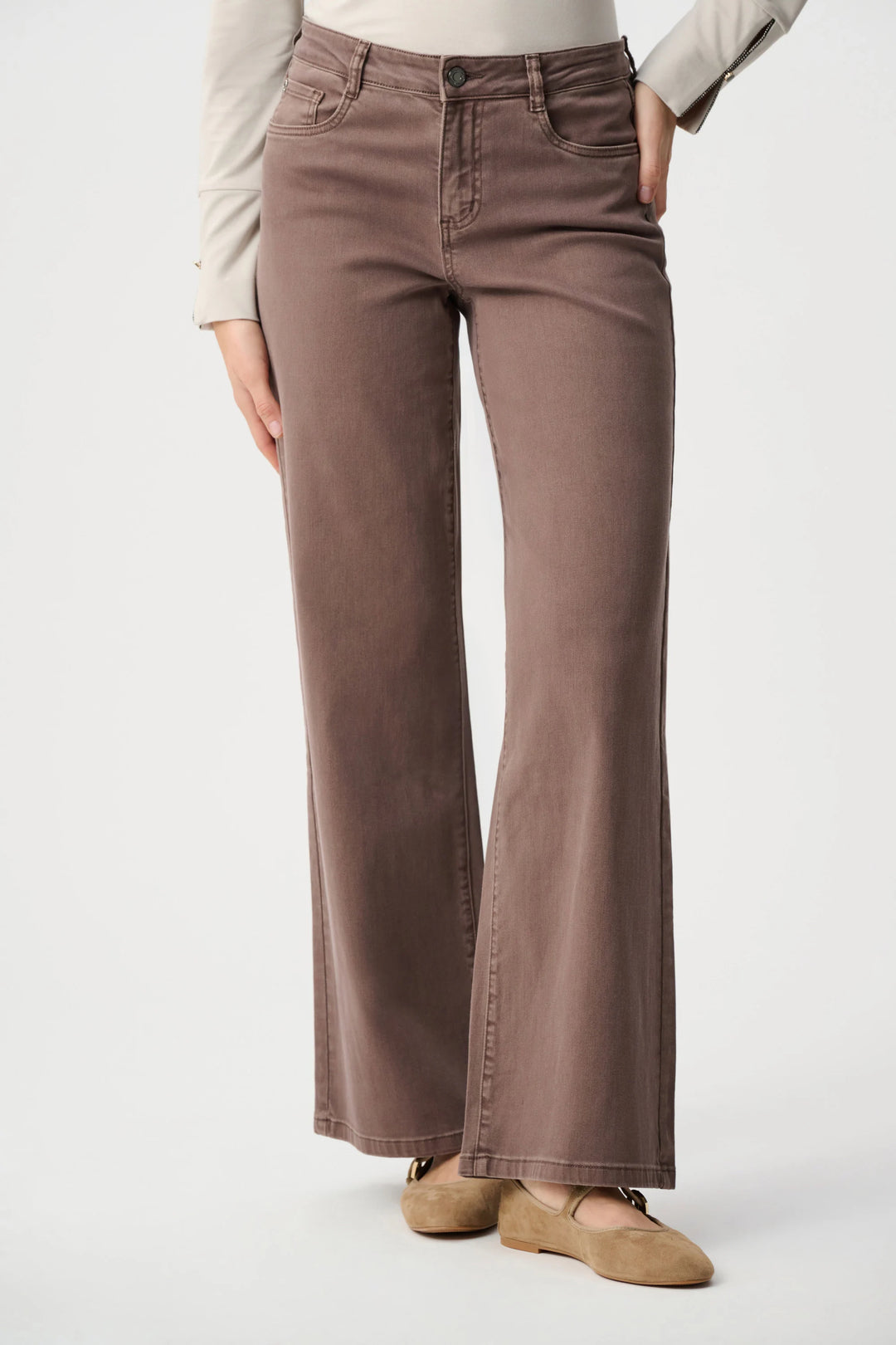 Mink wide-leg jeans with button closure, belt loops, and front pockets