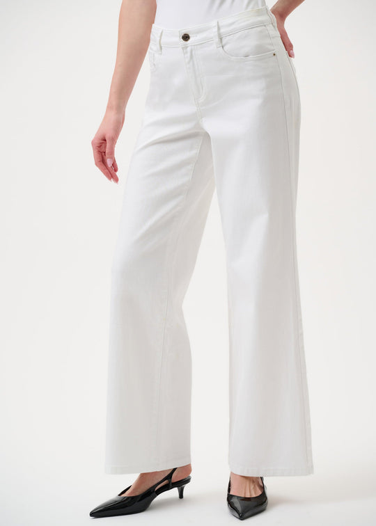 White stretch jeans with button/zip, straight cropped leg, side view