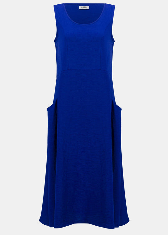 front view of plus size Joseph Ribkoff Gauze A-line Sleeveless Dress in Royal Sapphire