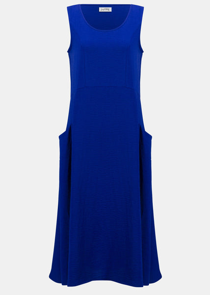 front view of plus size Joseph Ribkoff Gauze A-line Sleeveless Dress in Royal Sapphire
