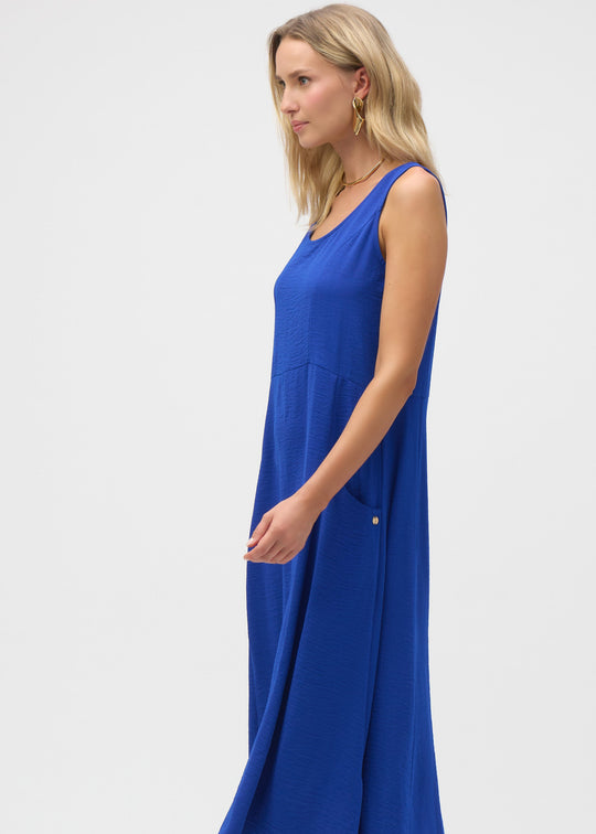side view of plus size Joseph Ribkoff Gauze A-line Sleeveless Dress in Royal Sapphire