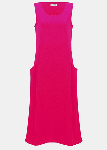 front view of plus size Joseph Ribkoff Gauze A-line Sleeveless Dress in Geranium