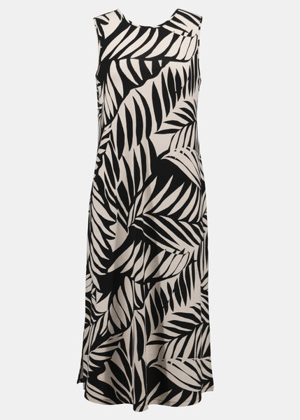 Joseph Ribkoff Jersey Tropical Print A-line Dress in Black/Moonstone