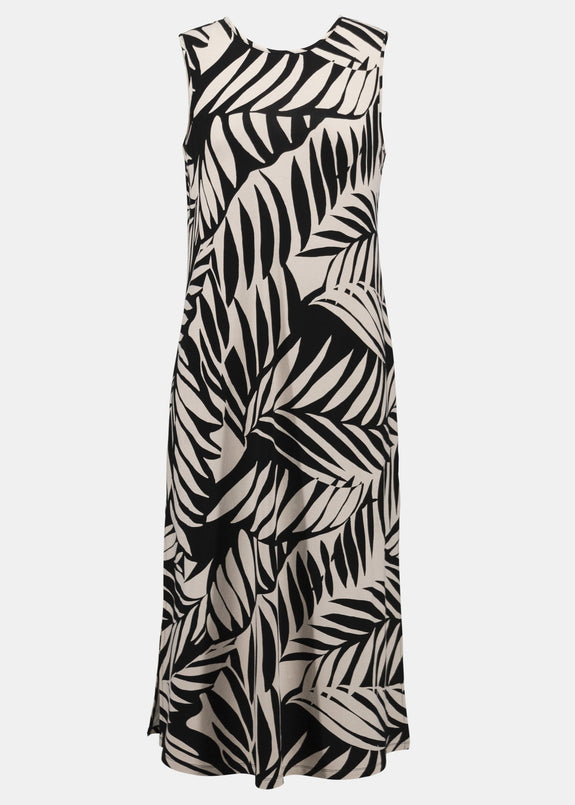 Joseph Ribkoff Jersey Tropical Print A-line Dress in Black/Moonstone