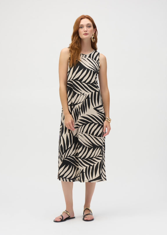 front view of plus size Joseph Ribkoff Jersey Tropical Print A-line Dress in Blk/Moonstone