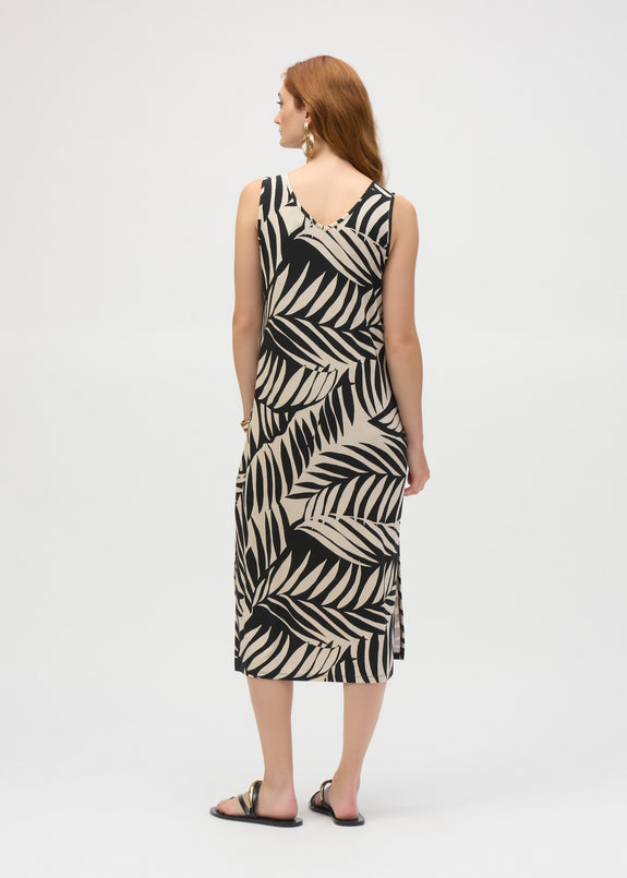 back view of plus size Joseph Ribkoff Jersey Tropical Print A-line Dress in Blk/Moonstone